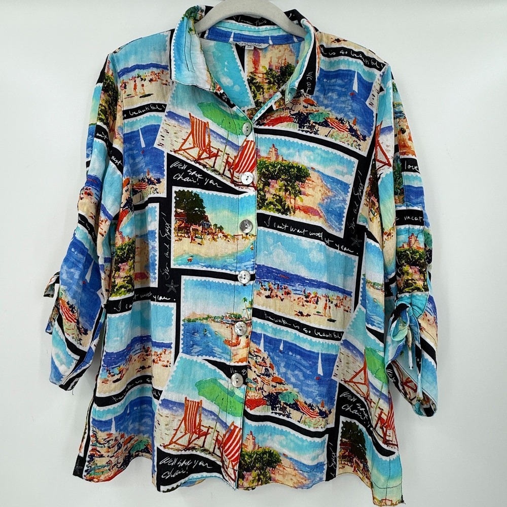 John Mark Womens Button Front‎ Beach Print Blouse PS Travel Artsy Coastal Resort
